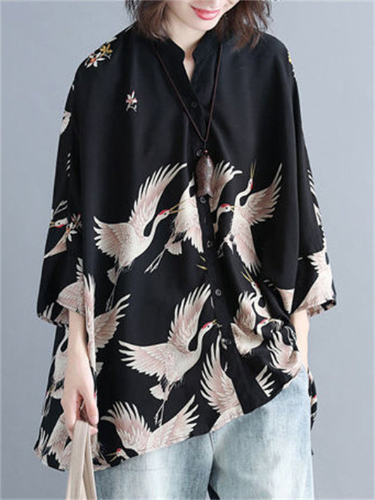 Irregular Loose Cranes Printed Chiffon Shirts