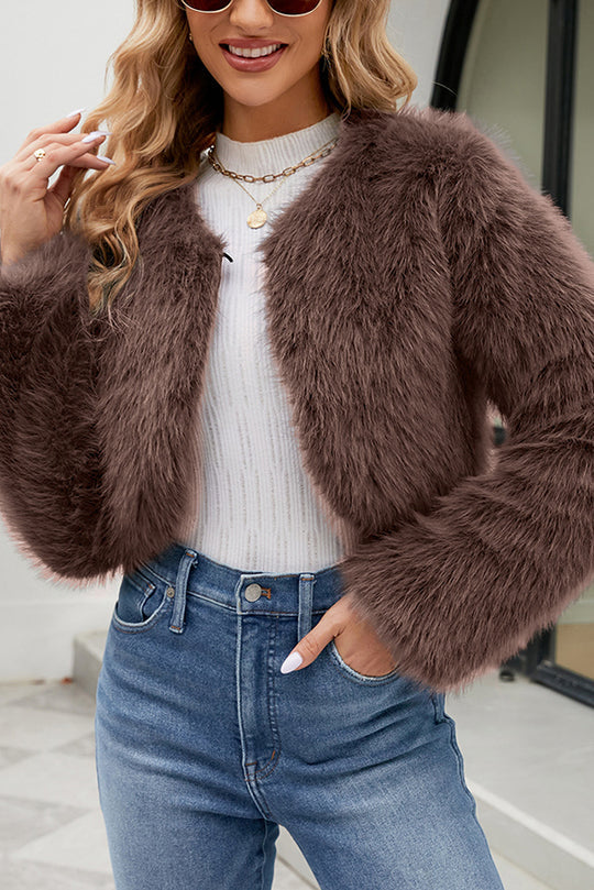 Ivyshape | Long Sleeve Short Casual Faux Fur Jacket