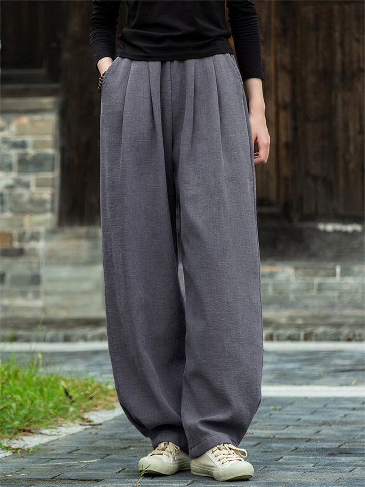 Zen Style Warm Plush Lined Linen Long Pants for Winter