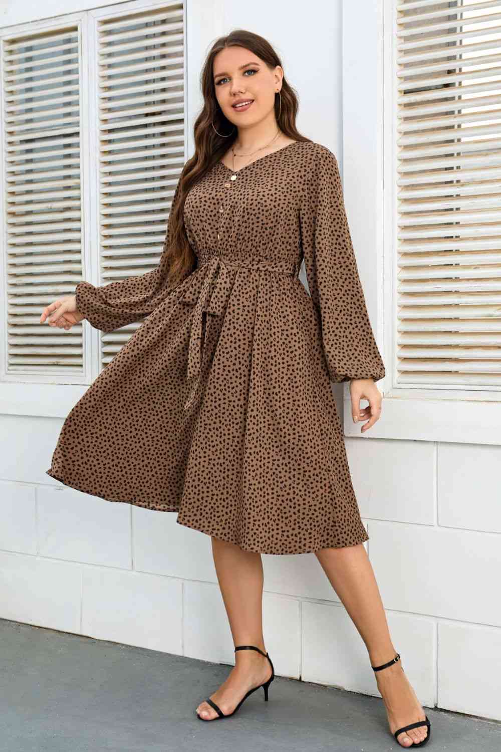 Plus Size Printed V-Neck Balloon Sleeve Tie Waist Dress