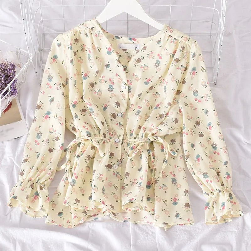 Sweet Floral V-Neck Chiffon Blouse for Women