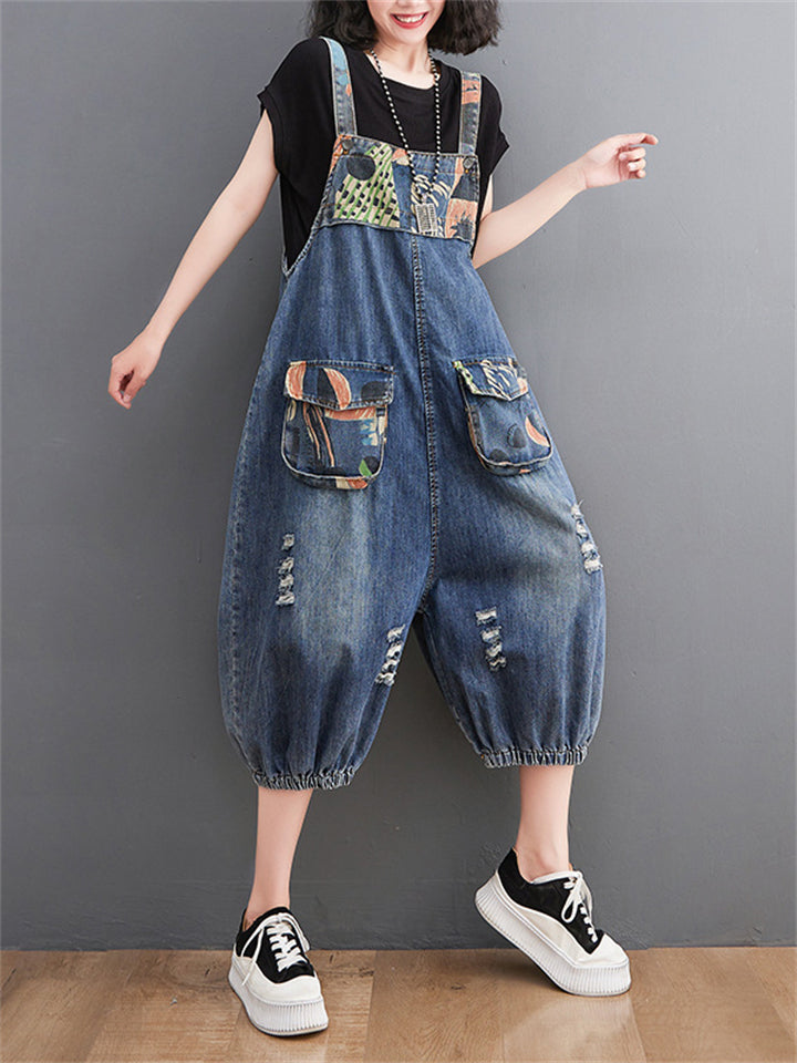 Female Cute Print Youthful Splice Denim Jumpsuits