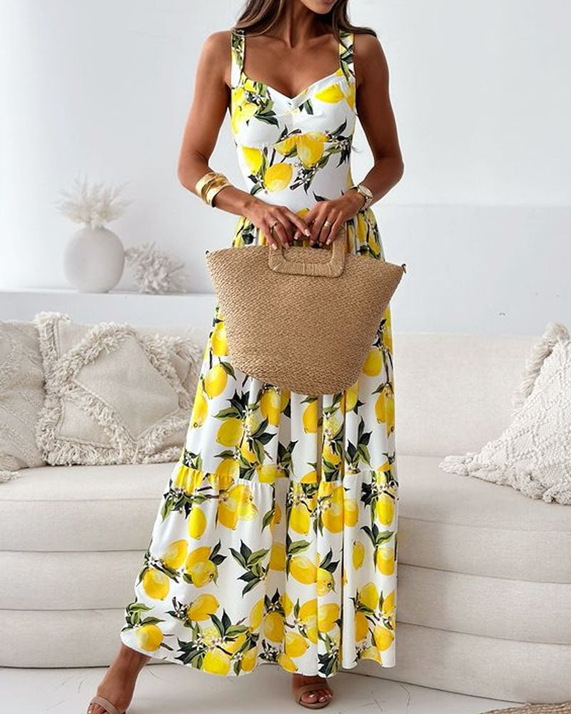 Ivyshape | Maxi dress with lemon pattern and wide straps
