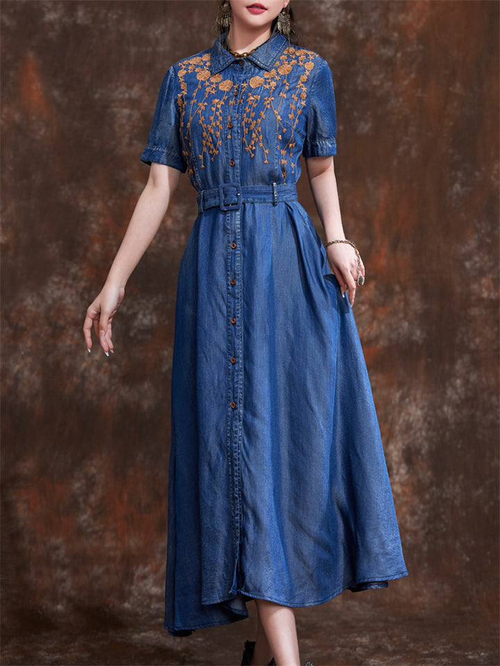 Orange Leaf Embroidery Lapel Button Blue Denim Dress