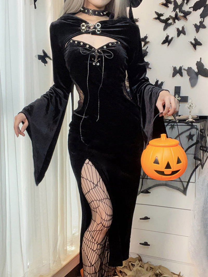 Flared Sleeve Holloween Slit Hooded Dress