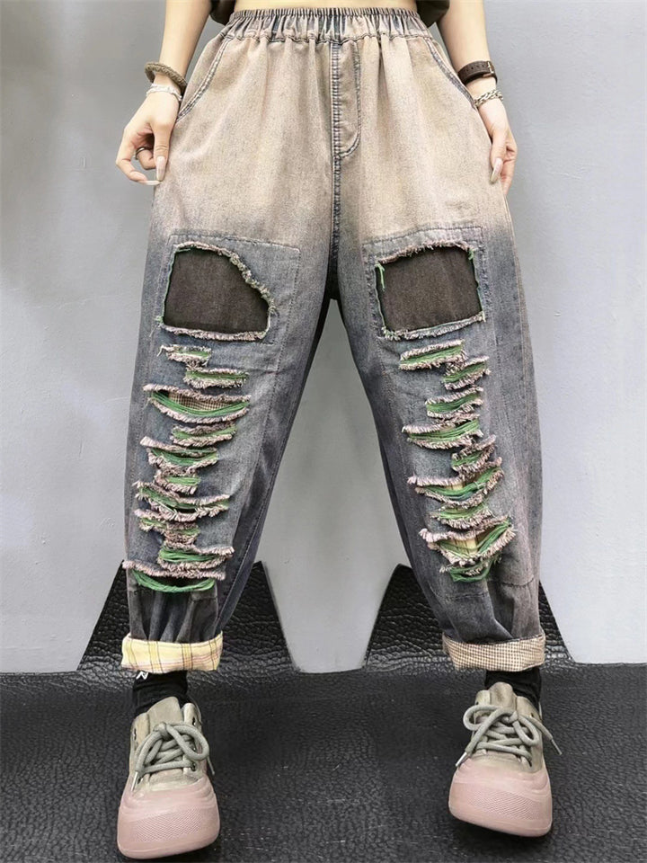 Hip-Hop Patchwork Raw Edge Gradient Color Harem Jeans