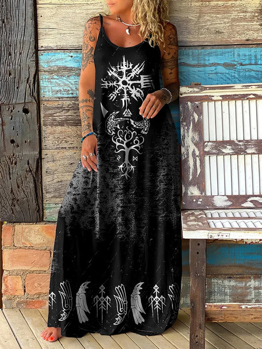 Viking Tree Of Life Runes Ethnic Print Slip Maxi Dress