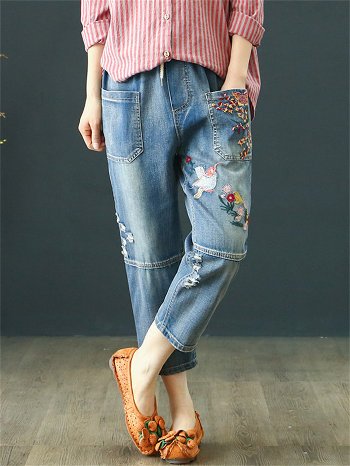 Vintage Splicing Bird Floral Embroidery Women's Ripped Jeans