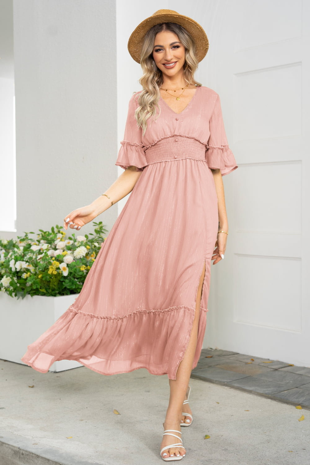 Ivyshape | V-Neck Flounce Sleeve Smocked Waist High Slit Dress