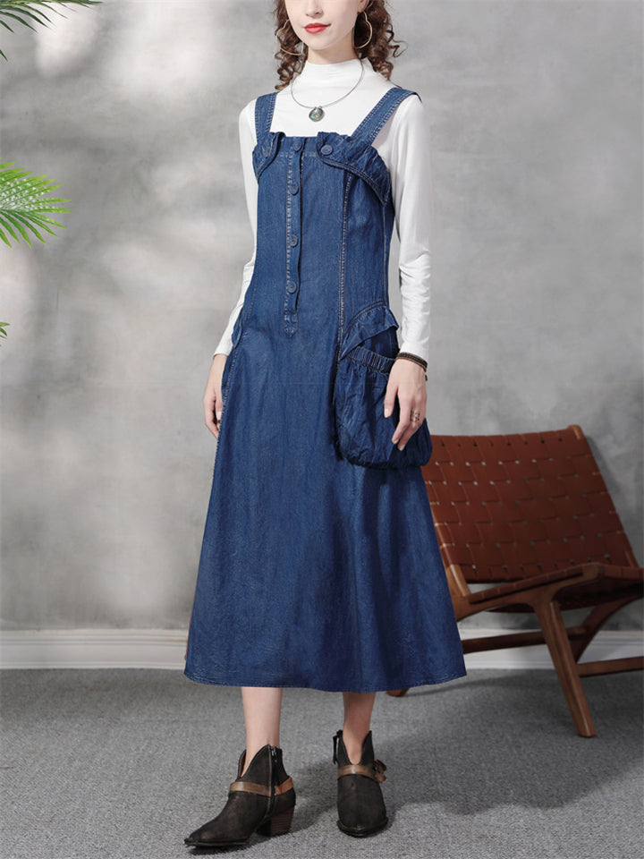 Stylish Blue Denim A-Line Dungaree Dress