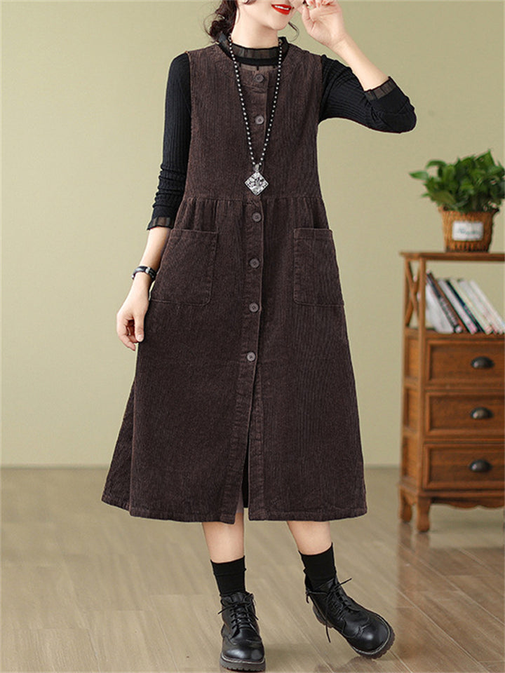 Crew Neck Button Up Sleeveless Mid-Length Dress