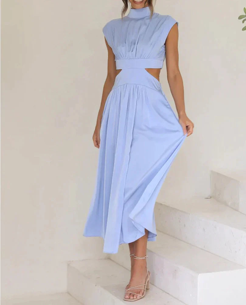 Stand Collar Solid Color Sexy Waist Midi Dress