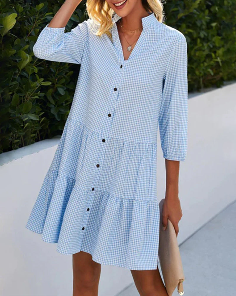 Ivyshape | Checked A-Line Dress with Button Placket for Women Resembles A Shirt Dress