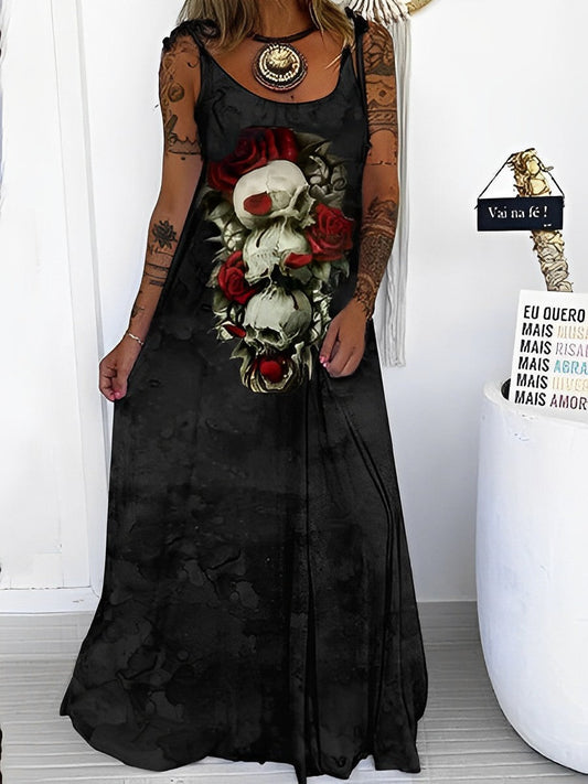 Dia De Muertos Floral Skull Print Halloween Maxi Dress