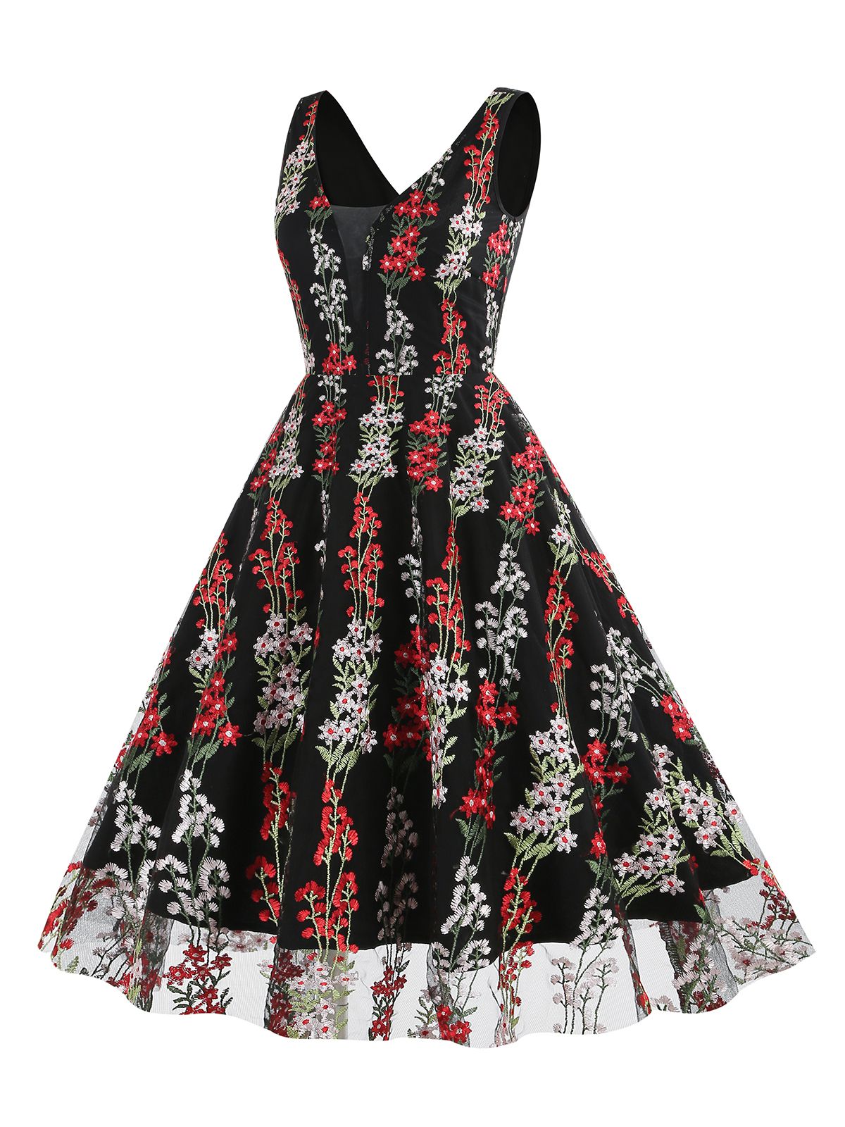 Embroidered Floral V-Neck Swing Dress