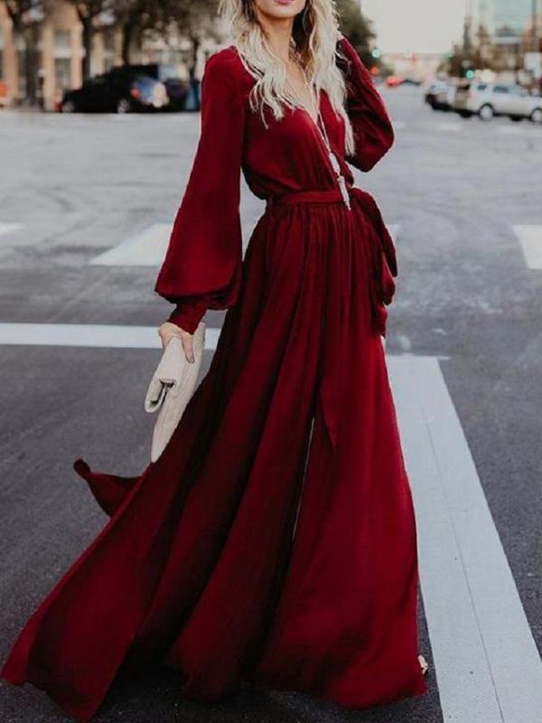 V Neck Long Sleeve Split Maxi Dress with Belt