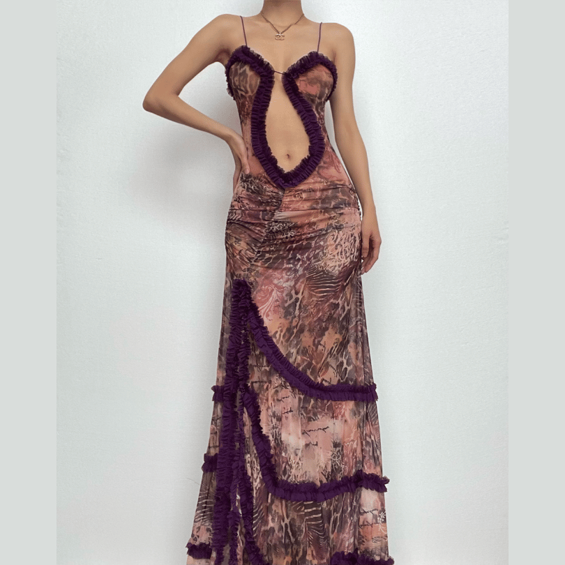 Ruffle spaghetti strap sheer mesh irregular slit maxi dress