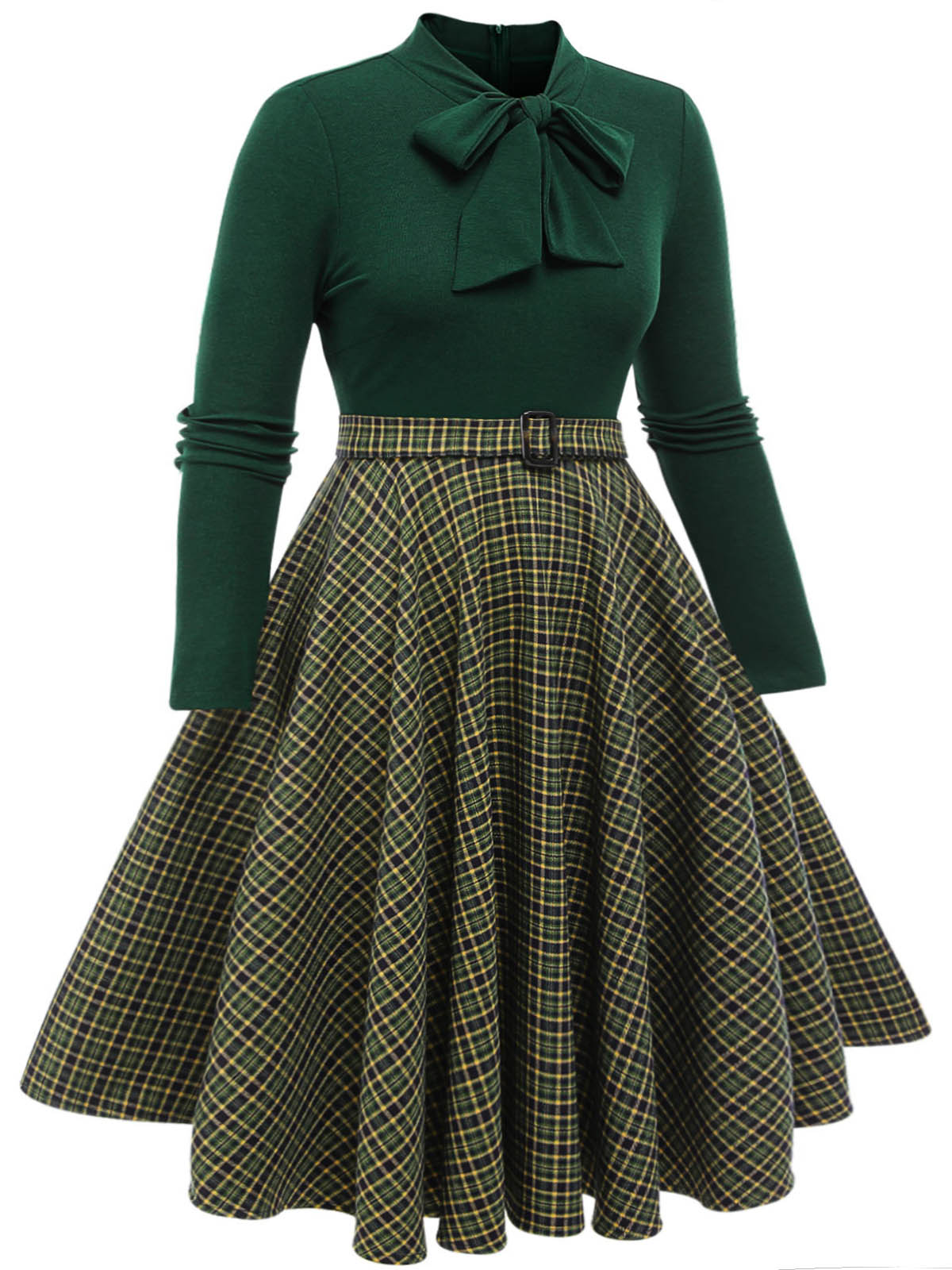 [Plus Size] Dark Green Plaid Knitting Dress