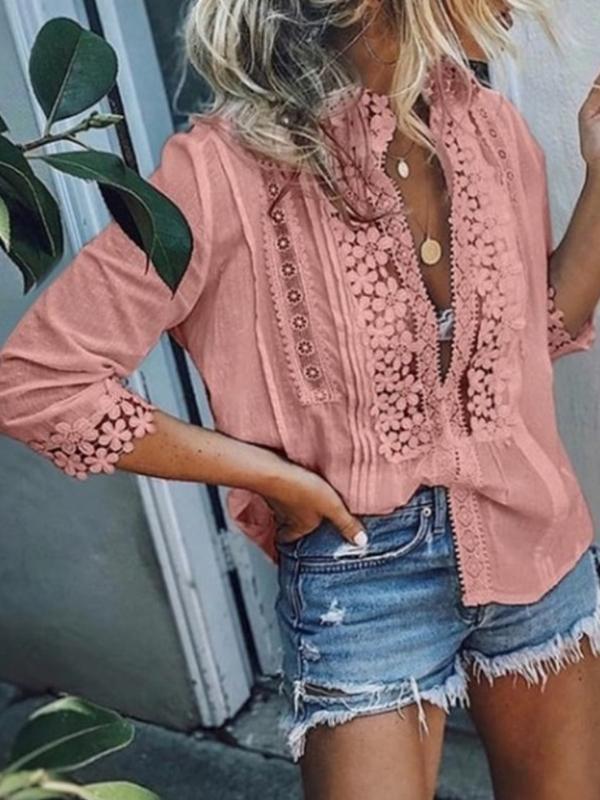 Solid Color Cotton Lace Patchwork Blouses Tops