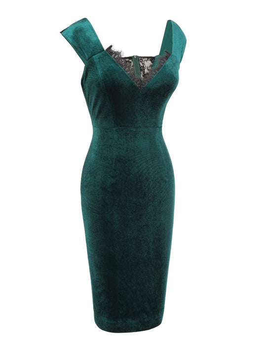 Green  Velvet Lace Patchwork Dress