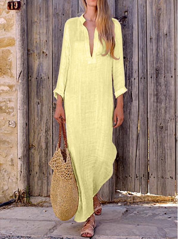 Color V Neck Long Sleeve Casual Maxi Dress