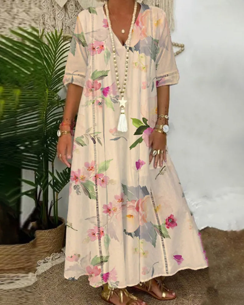 Summer Floral Long Dress with Half Sleeves | Perfect for Casual Days