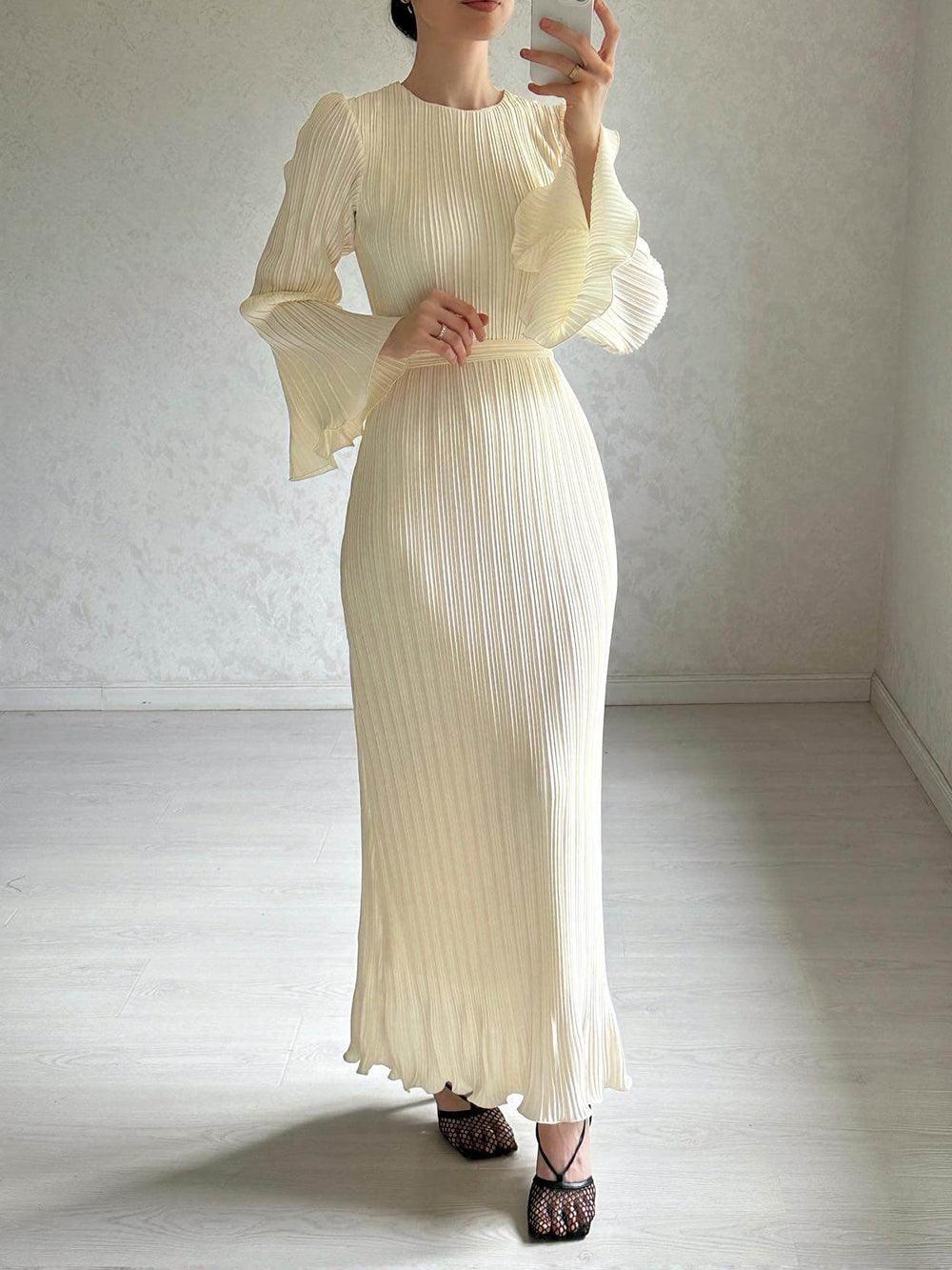 Ivyshape | Pleated Maxi Dress with Bell Sleeves for Women