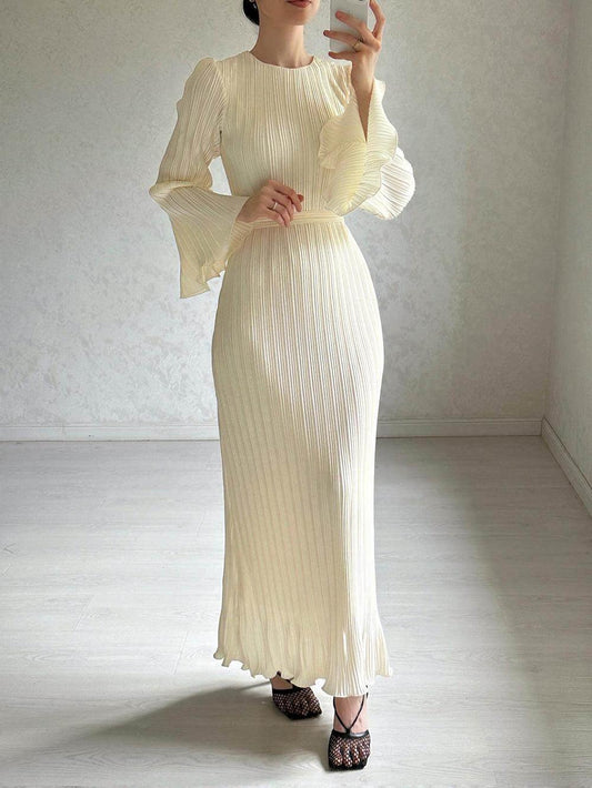 Ivyshape | Pleated Maxi Dress with Bell Sleeves for Women