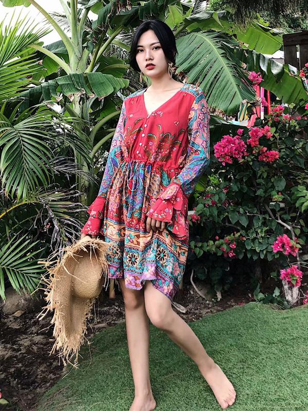 Floral Printed Flare Long Sleeve Drawstring Waist Mini Dress