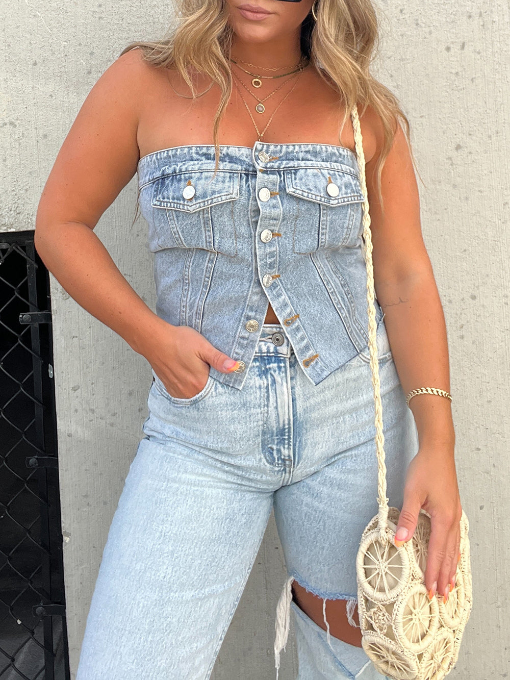 Ivyshape | Women's Denim Tube Top Buttoned