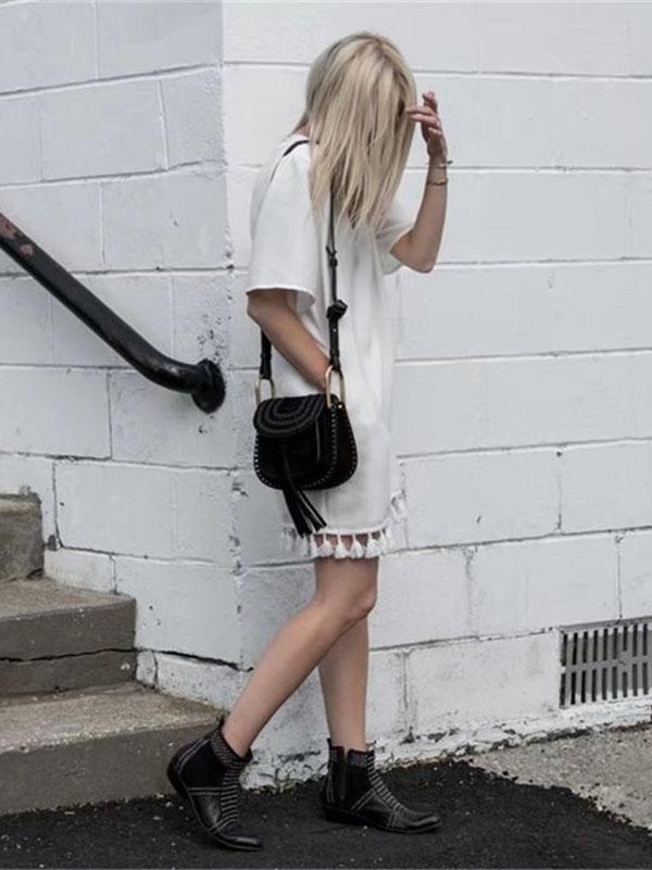 V Neck Short Sleeve Tassel Mini Dress