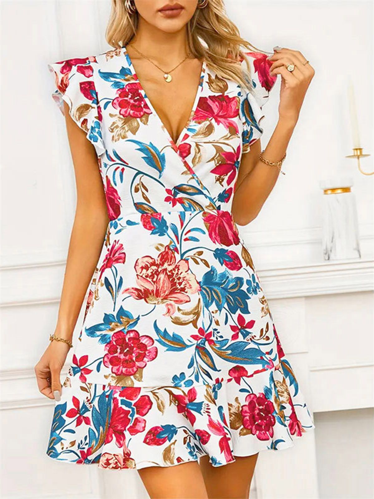 V-Neck Floral Ruffles Flying Sleeve Dress