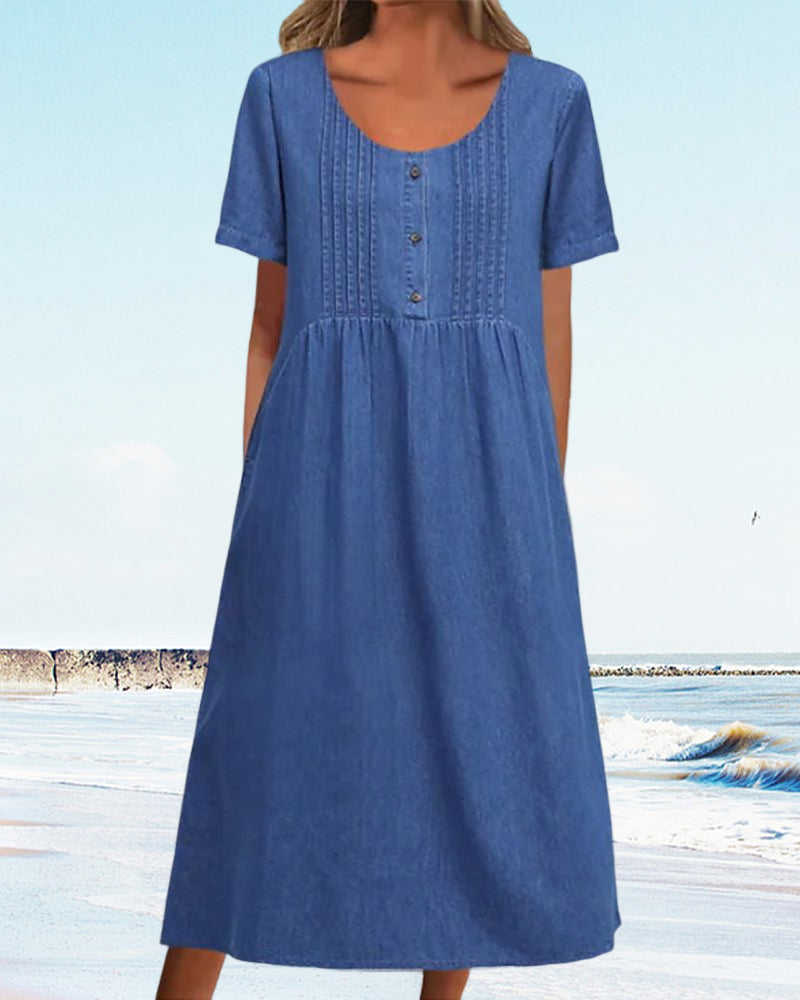 Summer Denim Midi Dress with Short Sleeves | Ideal for Summer