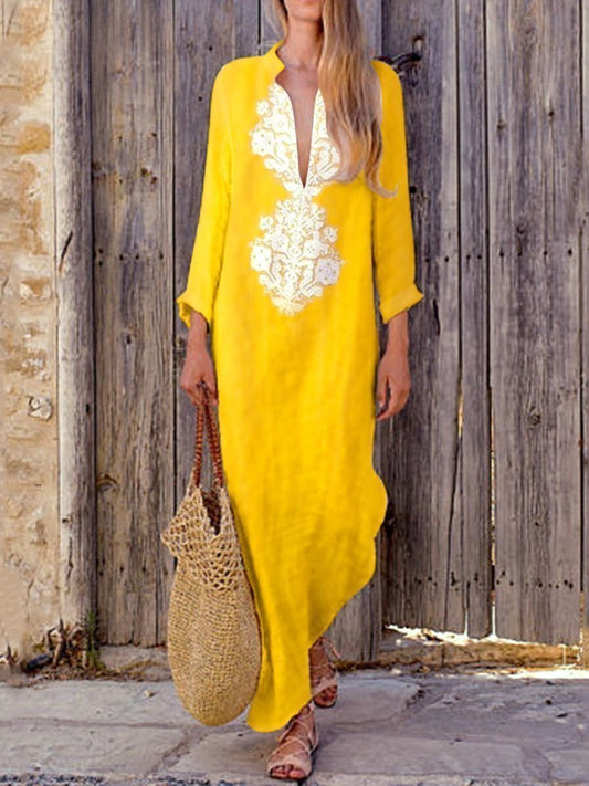 Cotton Line Casual V-Neck Yellow Maxi Dresses