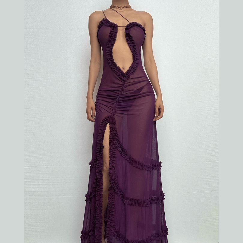 Ruffle spaghetti strap sheer mesh irregular slit maxi dress