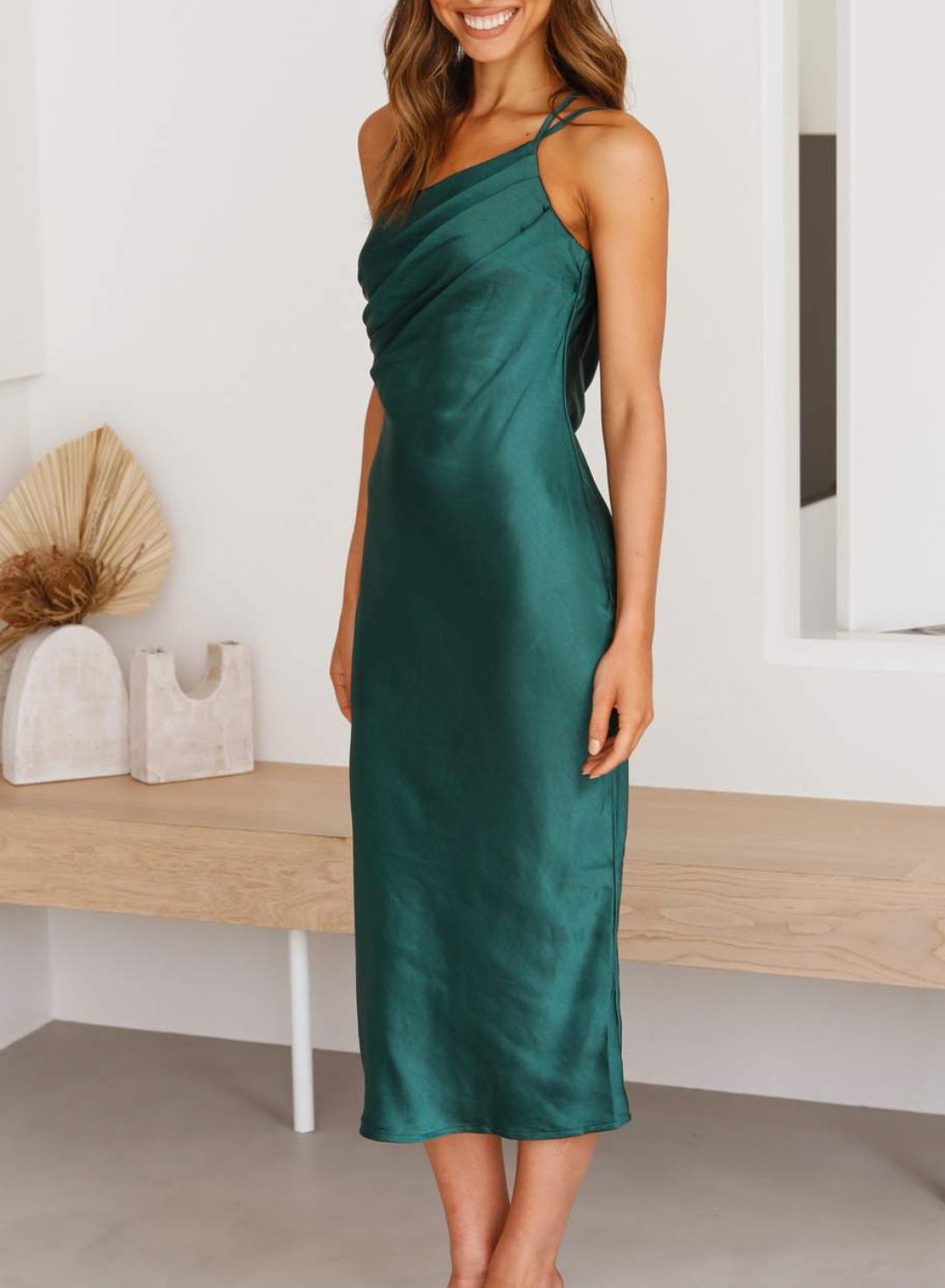 Ivyshape | Women's Midi Dress Asymmetrical in Satin with Open Back