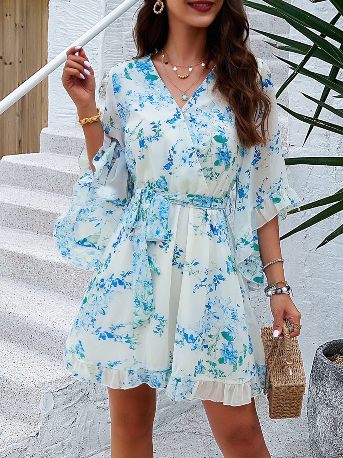 White  Floral Chiffon V-Neck Dress