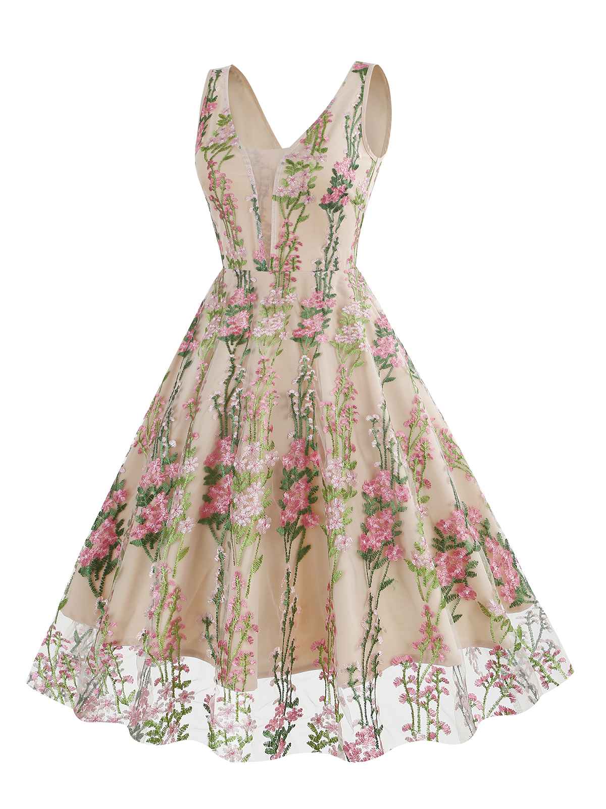 Embroidered Floral V-Neck Swing Dress