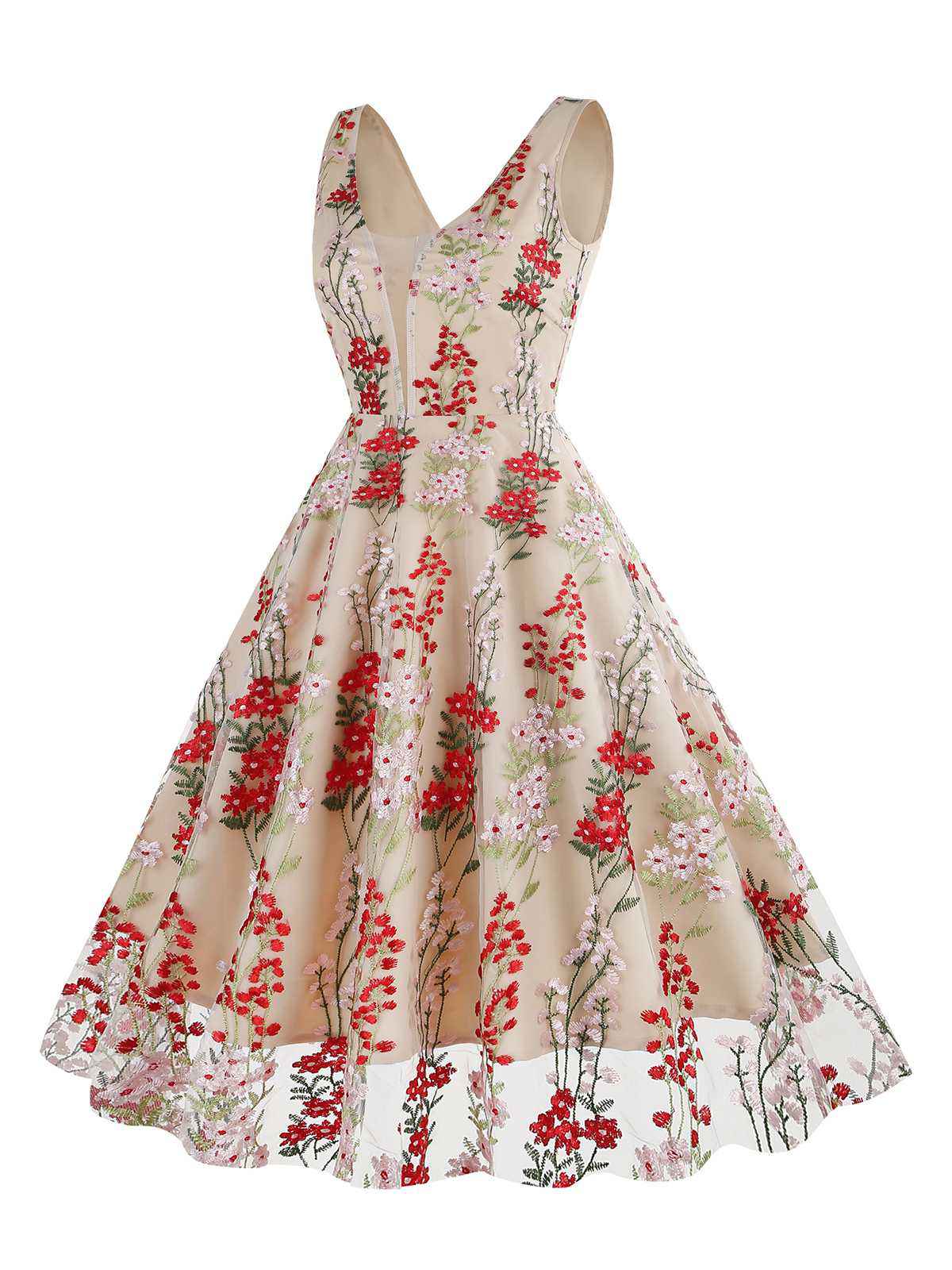 Embroidered Floral V-Neck Swing Dress