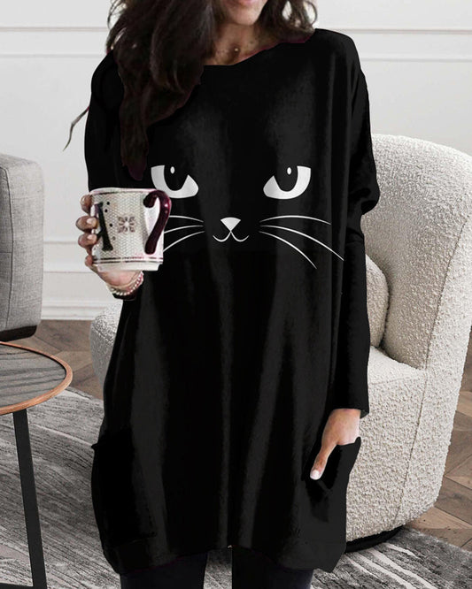 Ivyshape | Long Shirt with Cat Print