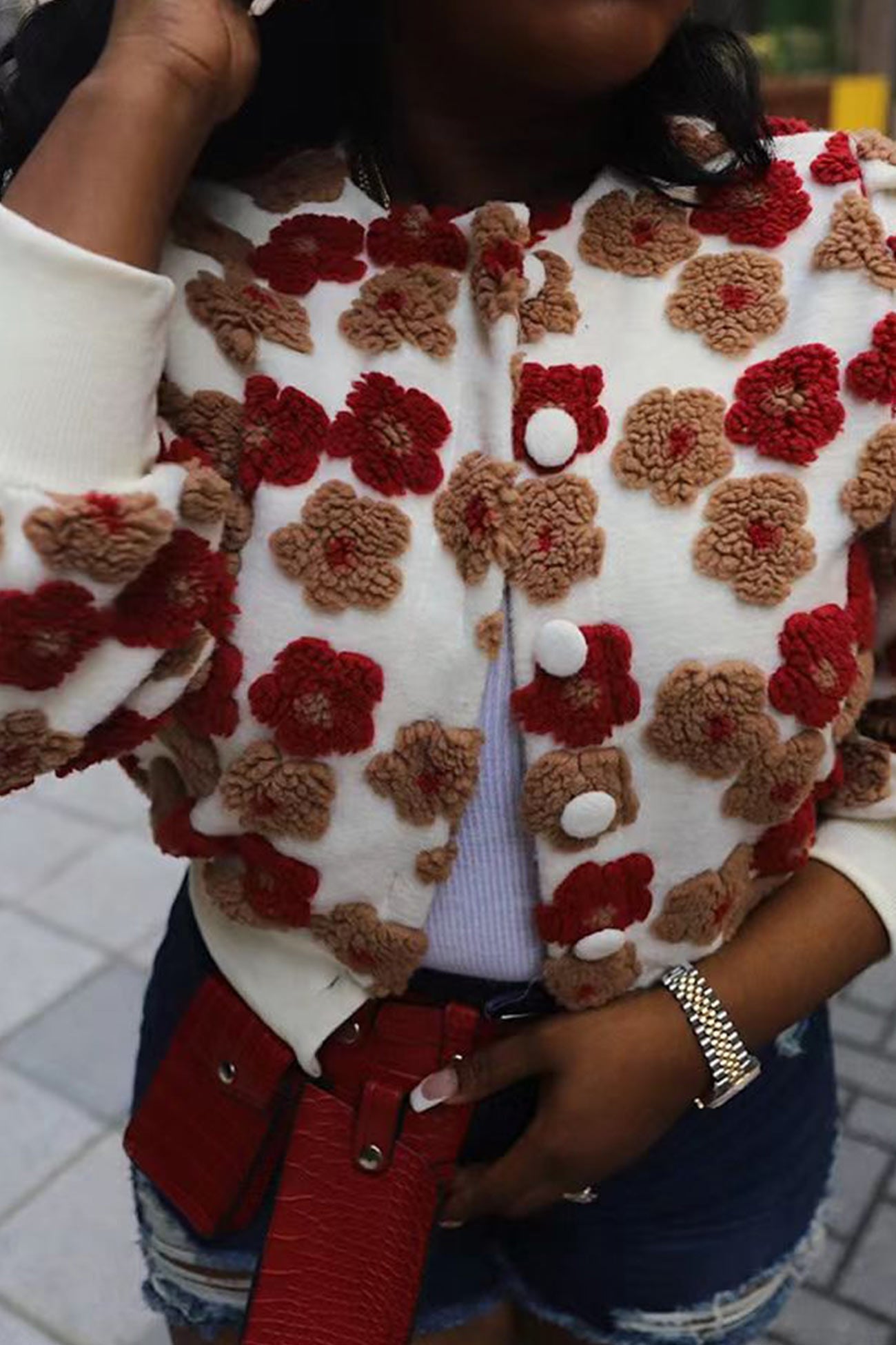 Sleeve Floral Jacquard Cardigan