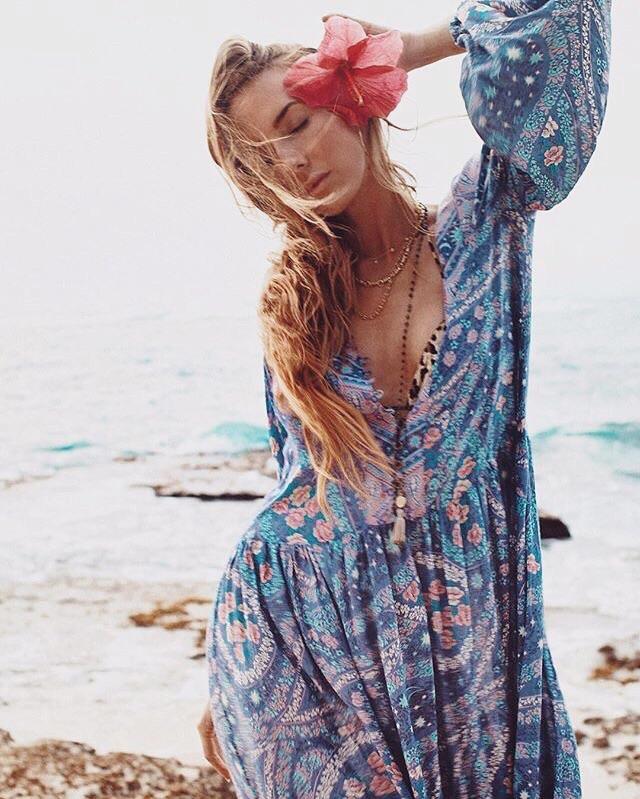 Floral Long Sleeve V-neck Button Maxi Loose Dress