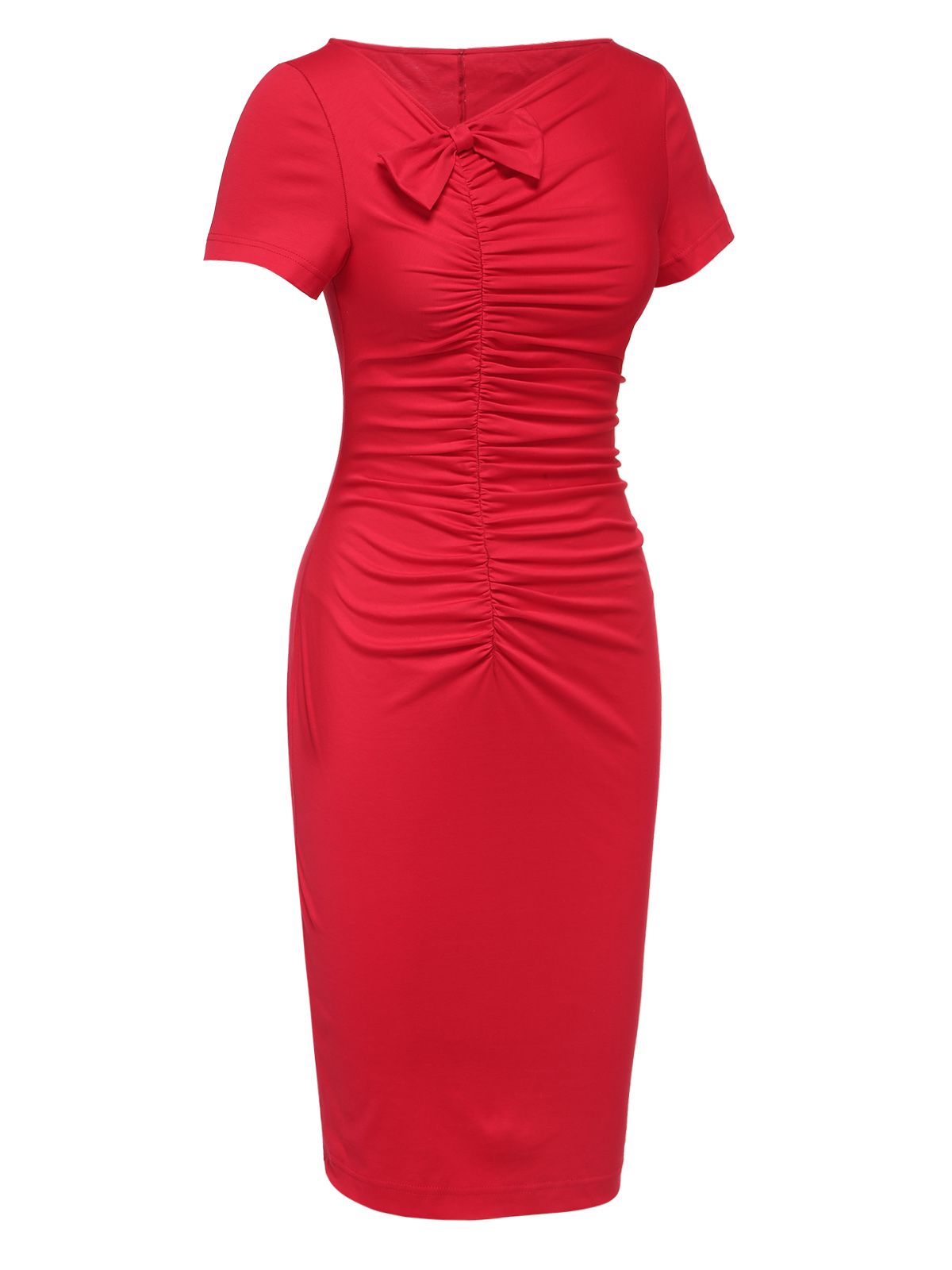 Red  Shirring Bow Solid Wrap Dress