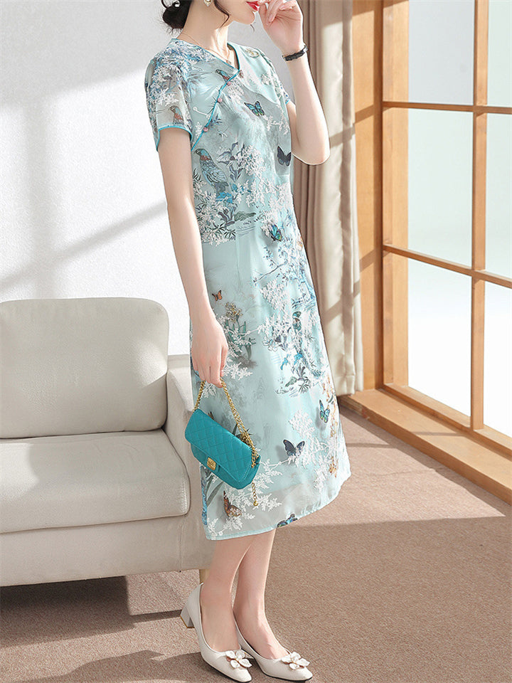 Orchid Butterfly Mountain Scenery Pattern Female Qipao Dress