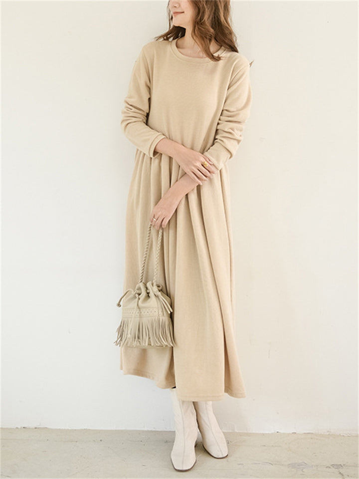 Winter Gentle Round Neck Long Sleeve A-Line Dress for Women