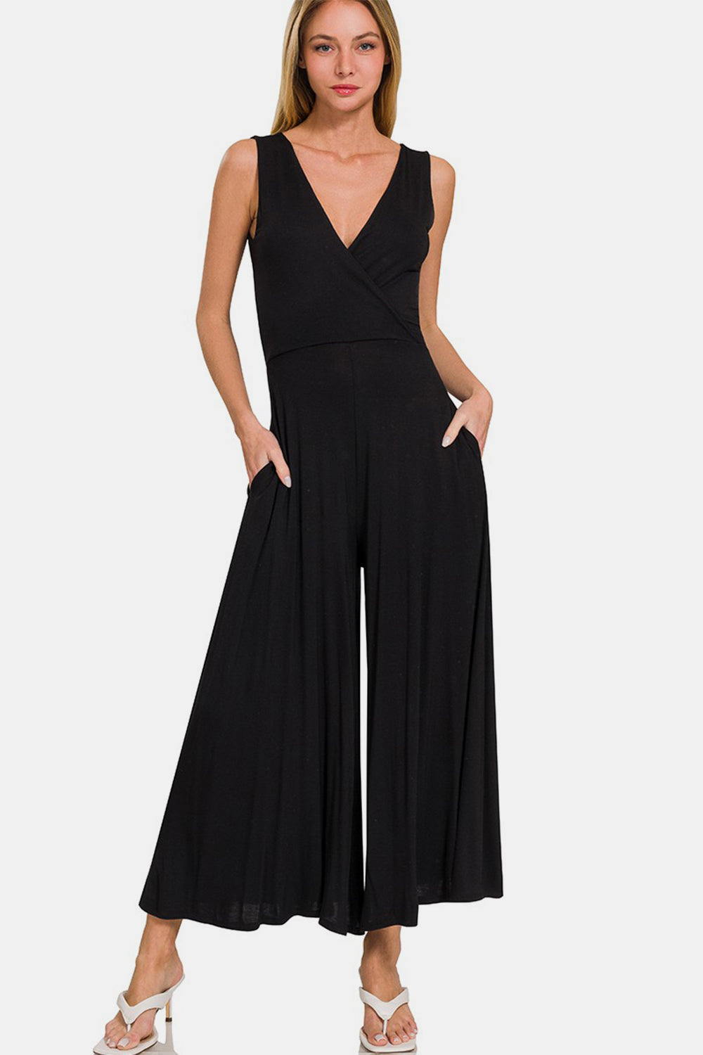 Ivyshape | Zenana Surplice Neckline Sleeveless Jumpsuit