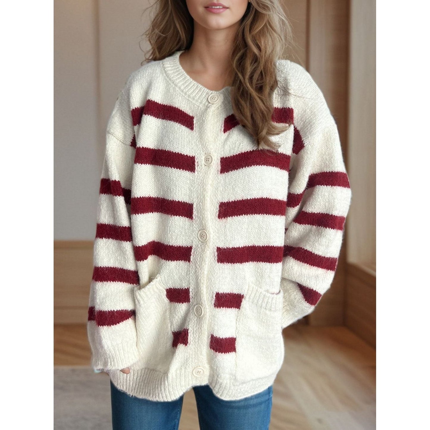 Ivyshape | Sleek Striped Button-Down Cardigan for Women