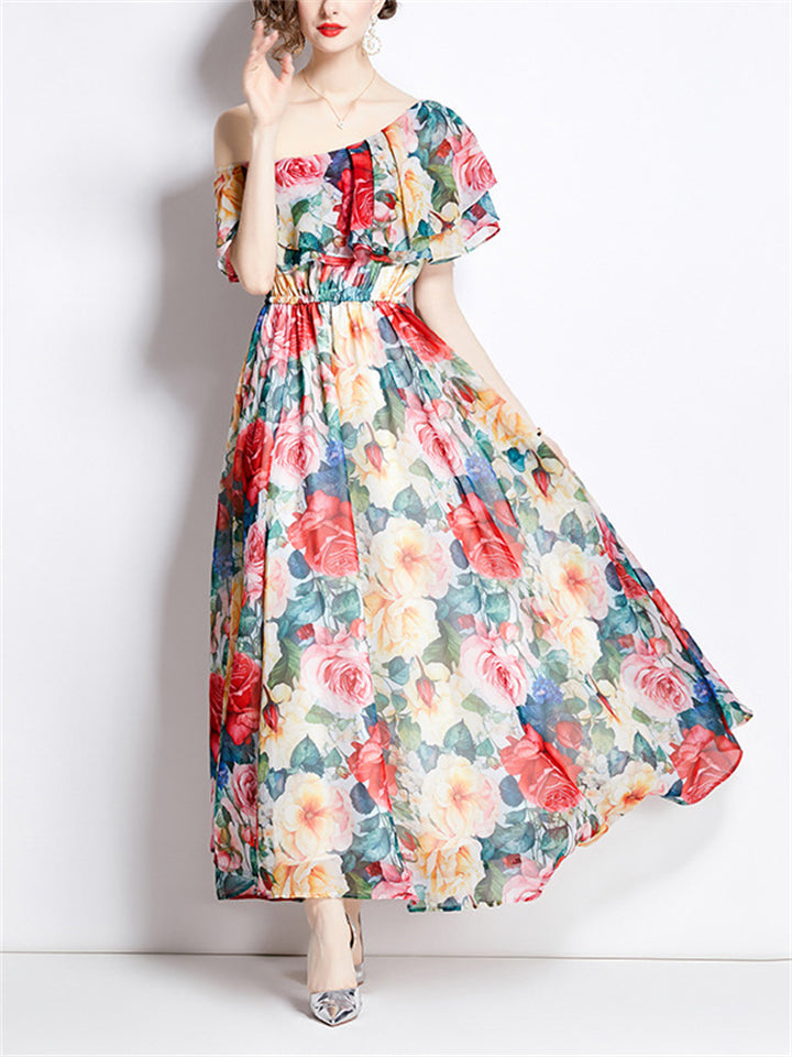 Women's Flourishing Flowers Pattern Chiffon Off-Shoulder Dress