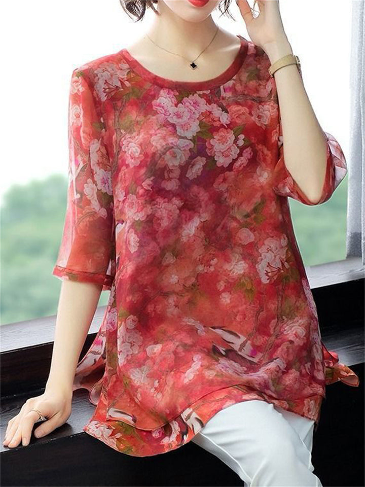 O-neck Floral Loose Chiffon Shirts