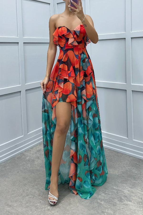 Ivyshape | Moment Gradient Unique Print Flowing Layered Ruffles Strapless Slit Maxi Dress